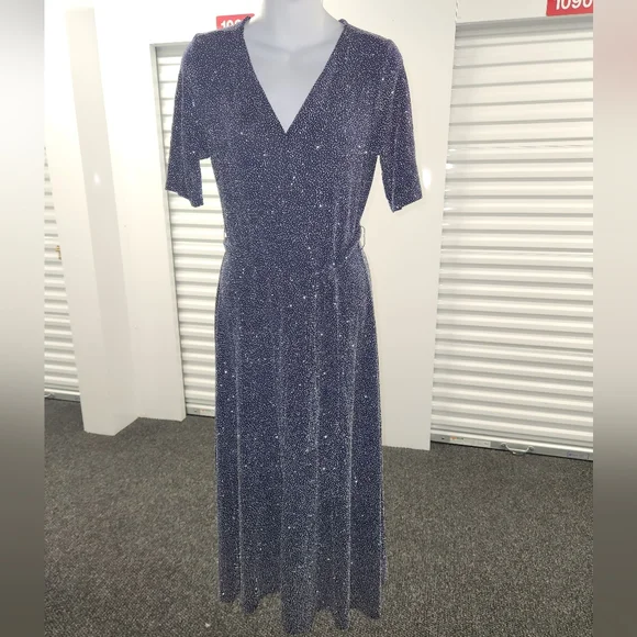Msk Women's Elbow-Sleeve Tie-Waist Midi Dress - Navy Silver - Size M Msk Women's Elbow-Sleeve Tie-Waist Midi Dress - Navy Silver - Size M